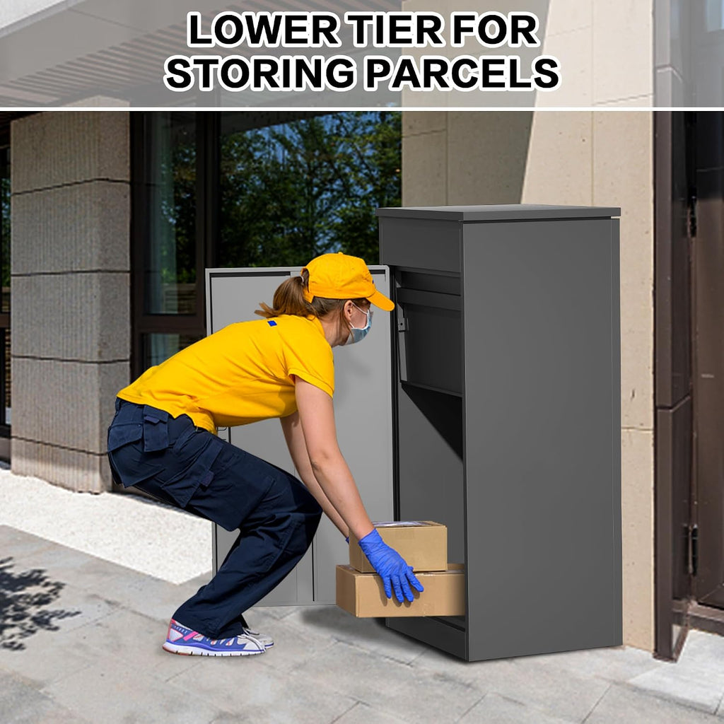 41" Two-Tier Package Delivery Box for Outside - Steel Parcel Locker with Combination Lock, Waterproof, Black