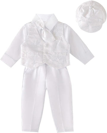 Infant Baby Boy Christening Baptism Outfit White Suit 5 Pieces Clothing Set with Bonnet Hat to