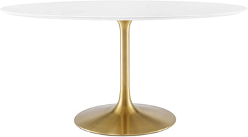 Inspired Tulip Style Oval Pedestal Dining Table — Gold Base / White Top, 60″ Oval