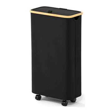 Slim Laundry Hamper with Wheels and Lid,62L Rolling Narrow Clothes Basket with Bamboo Handle, Large Laundry Hamper