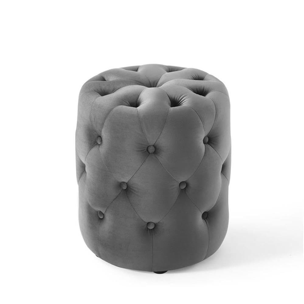 Anthem Tufted Button Round Performance Velvet Ottoman, Gray