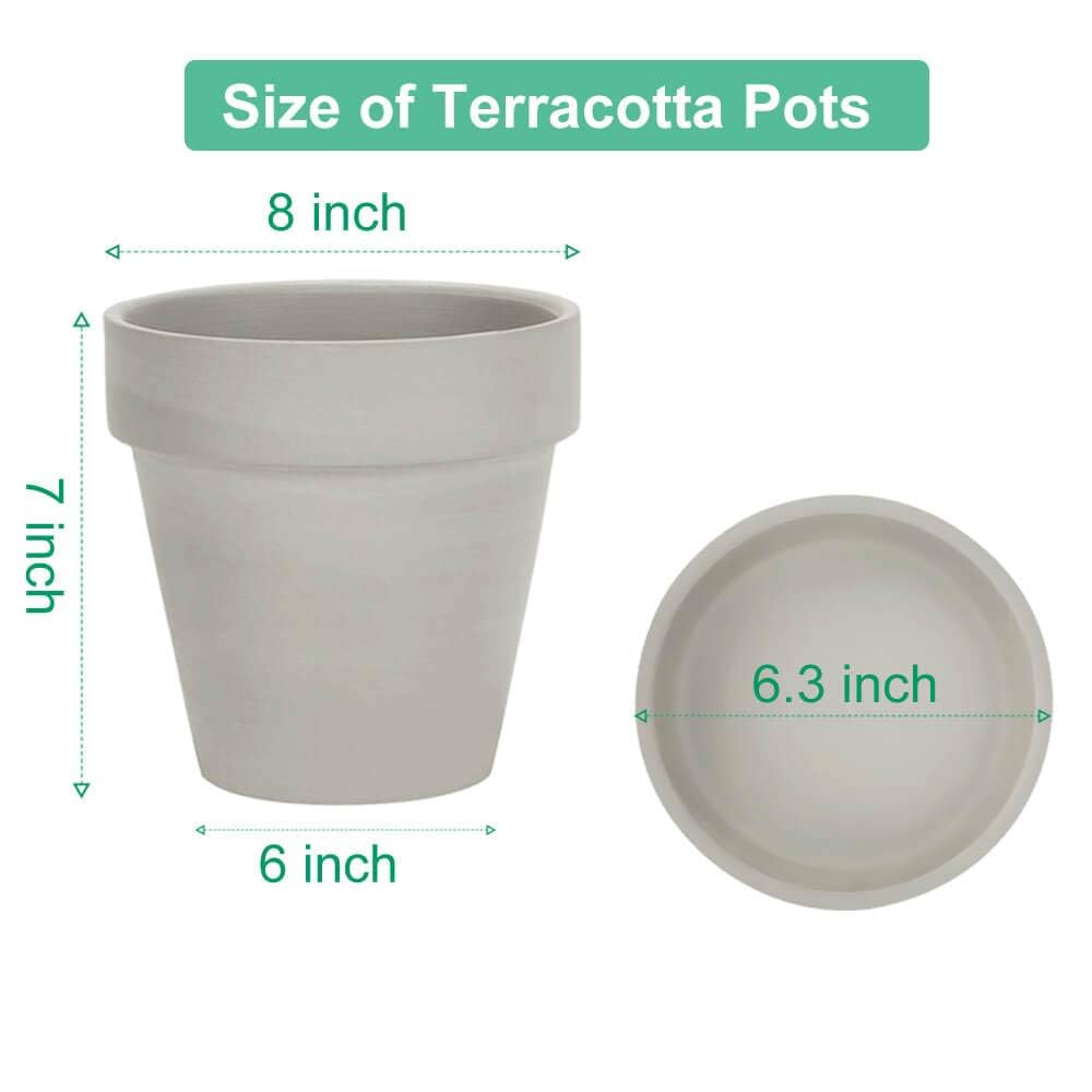 Gray 8 Inch Terracotta Pot for with Drainage - 2 Pack Large Terra Cotta Plant Pot with Saucers, Flower Clay Pot with