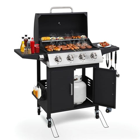 4-Burner Propane Gas Grill, 40,000 BTU Stainless Steel BBQ Grill with Foldable Side Tables, Spice Rack & Wheels (Black)