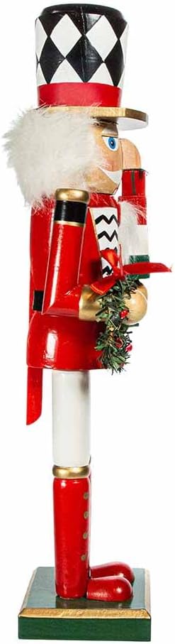 15-Inch Red, White and Black Nutcracker with Gift Box and Wreath