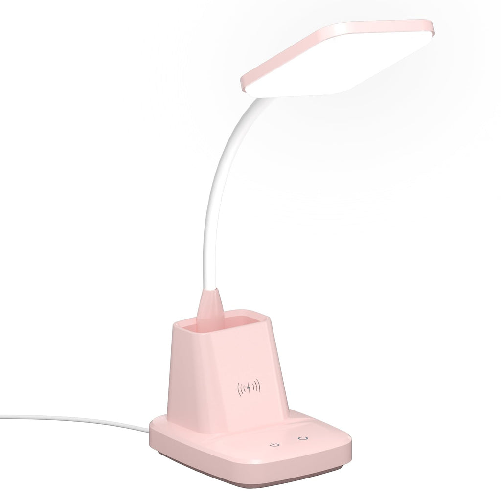LED Desk Lamp with 10W Wireless Charging & Pen Holder, Pink