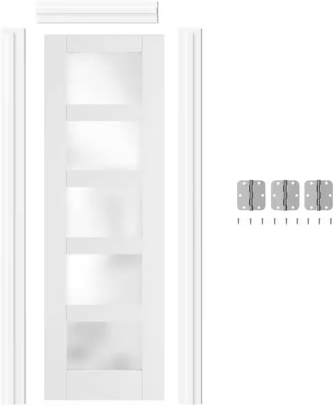 Prehung Interior Door, 32" x 80", 5-Lite Frosted Glass, Prehung Door, Right-Handed, White MDF with Door Jamb &