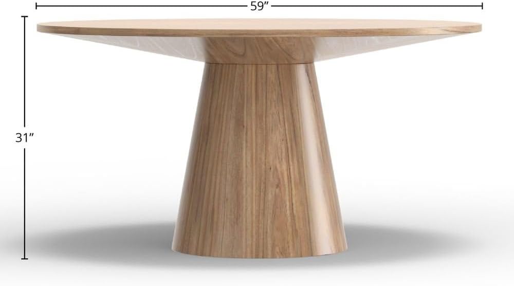 Brown Round Dining Table 59 Inches, Natural Finish with Tapered Pedestal Base, Solid Rubberwood Mindi Veneer, Seats