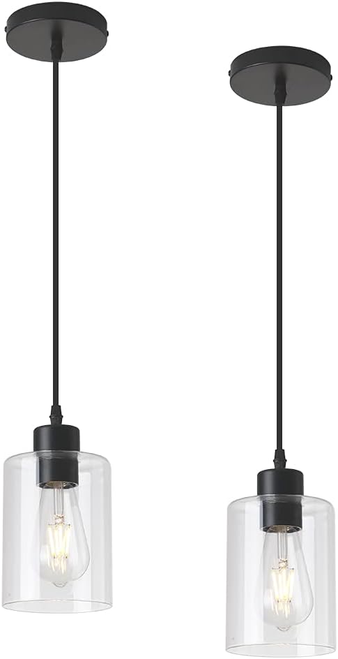Modern Black Farmhouse Clear Glass Cylinder Pendant Light Fixture,Island Lights for Kitchen,Mini Pendant Lighting for