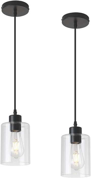 Modern Black Farmhouse Clear Glass Cylinder Pendant Light Fixture,Island Lights for Kitchen,Mini Pendant Lighting for