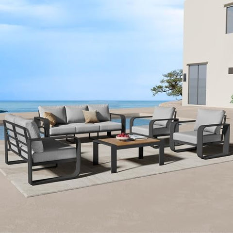 5-Piece Aluminum Outdoor Patio Furniture Set - Conversation | Gray with Thick Cushions for Backyard, Garden & Porch