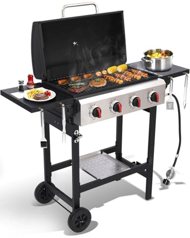 4-Burner Propane Gas Grill, 40,000 BTU BBQ Grill with Cast Iron Grates, Folding Side Tables and Grease Pan