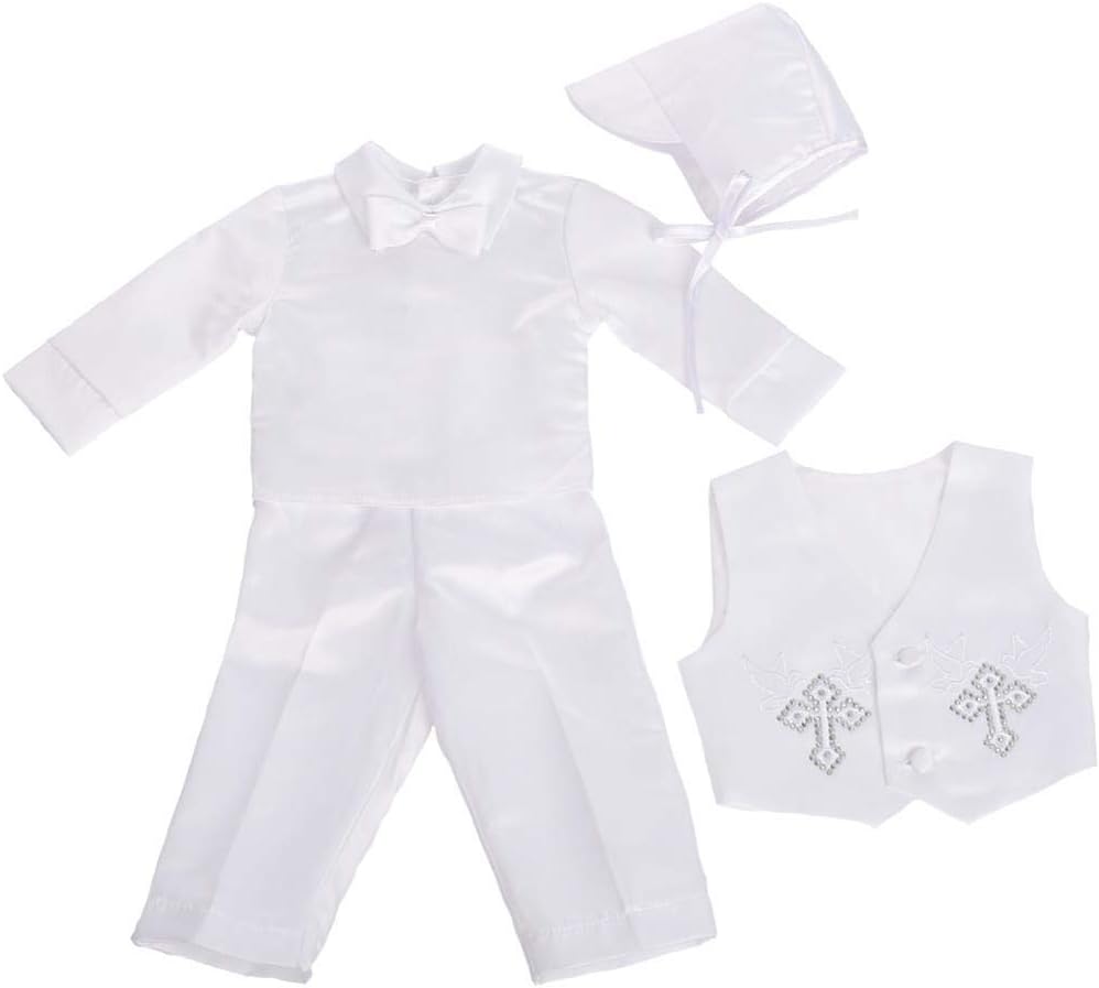 Baby Boys Christening Suit White Baptism Outfits with Bonnet