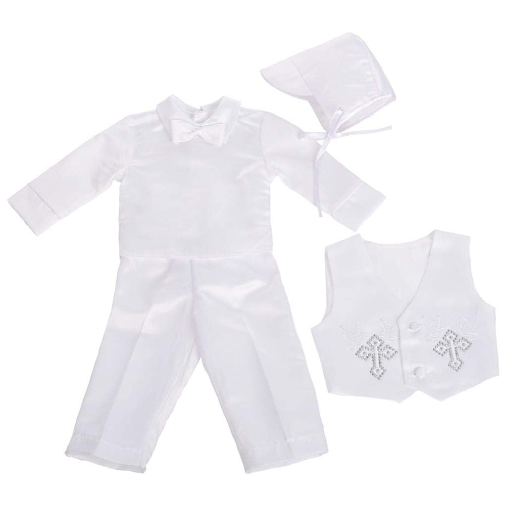 Baby Boys Christening Clothing Baptism Outfits with Bonnet Long Sleeve White Suit Months