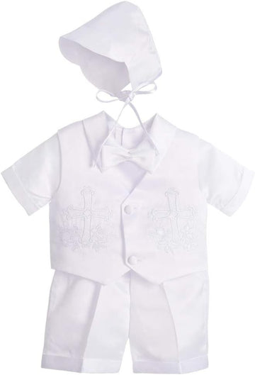 Baby Boys Christening Suit White Baptism Outfits with Bonnet