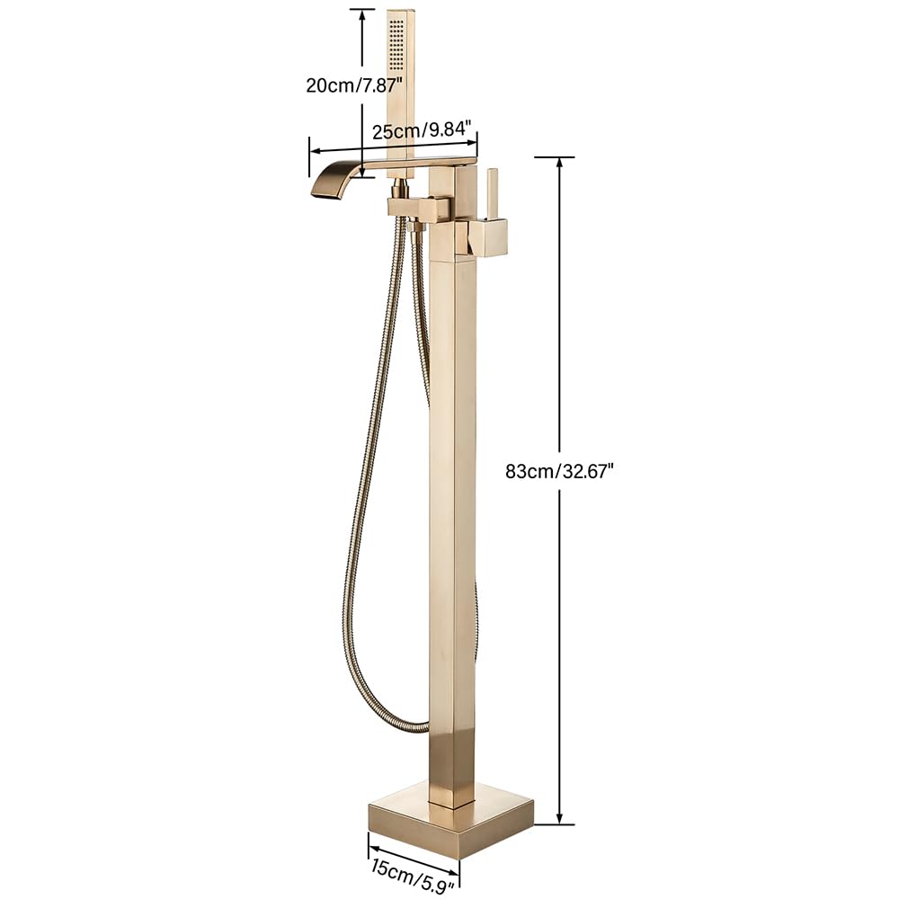 Freestanding Bathtub Faucet Brushed Gold Floor Mount Waterfall Tub Filler High Flow with Hand Shower Solid Brass 360