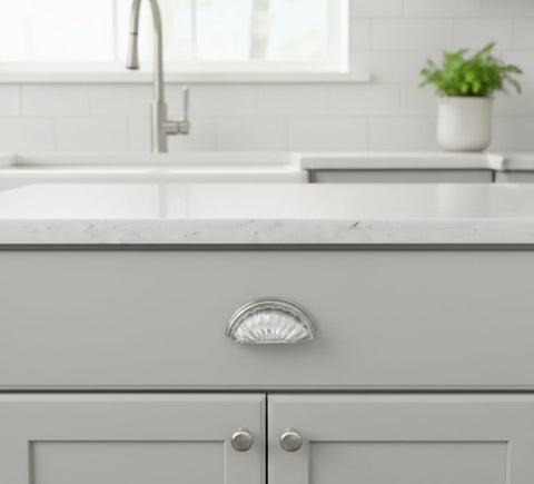 5 Pack 6381SN-C Satin Nickel with Clear Glass Cabinet Cup Pull - 3" Hole Centers