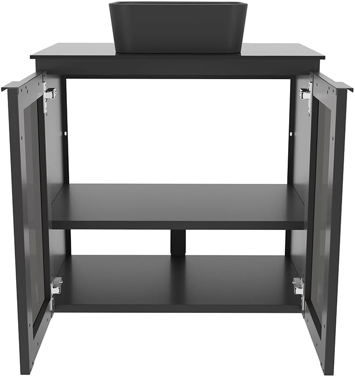24" Black Steel Bathroom Vanity Set with Tempered Glass Countertop - Industrial Vanity Cabinet