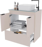 24-Inch Floating Bathroom Vanity with Ceramic Sink – Wall-Mounted Cabinet with Tempered Glass Countertop, Soft-Close Doors, and Drawer