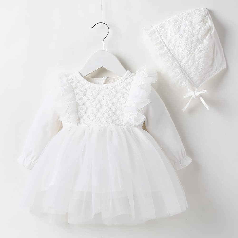 Toddler Baby Girl Long Sleeve Fall Dress Flower Lace Wedding First Birthday Baptism Christening Dresses with Hat