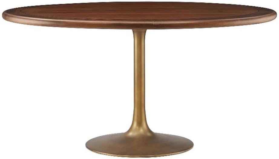 Lippa 60 Inch Round Wood Dining Table with Metal Pedestal in Brass Walnut - Modern Industrial Dining Table for 6