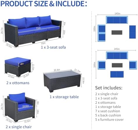 6-Piece Wicker Outdoor Patio Furniture Set - Conversation | Blue for Patio, Garden & Porch