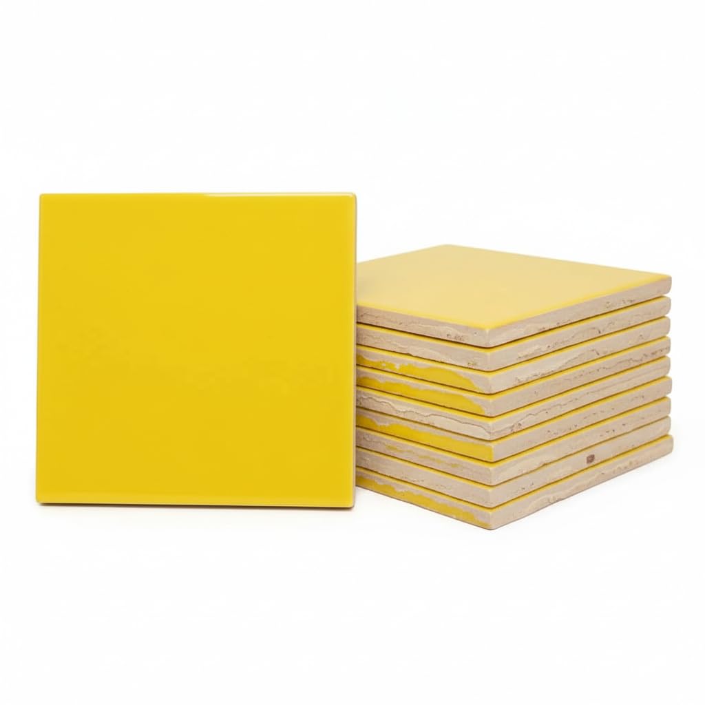 4 in Yellow Glossy Ceramic Tile, 4 1/4 in Square, Box of 10 Pieces (1 Sq Ft) Wall & Kitchen Backsplash by