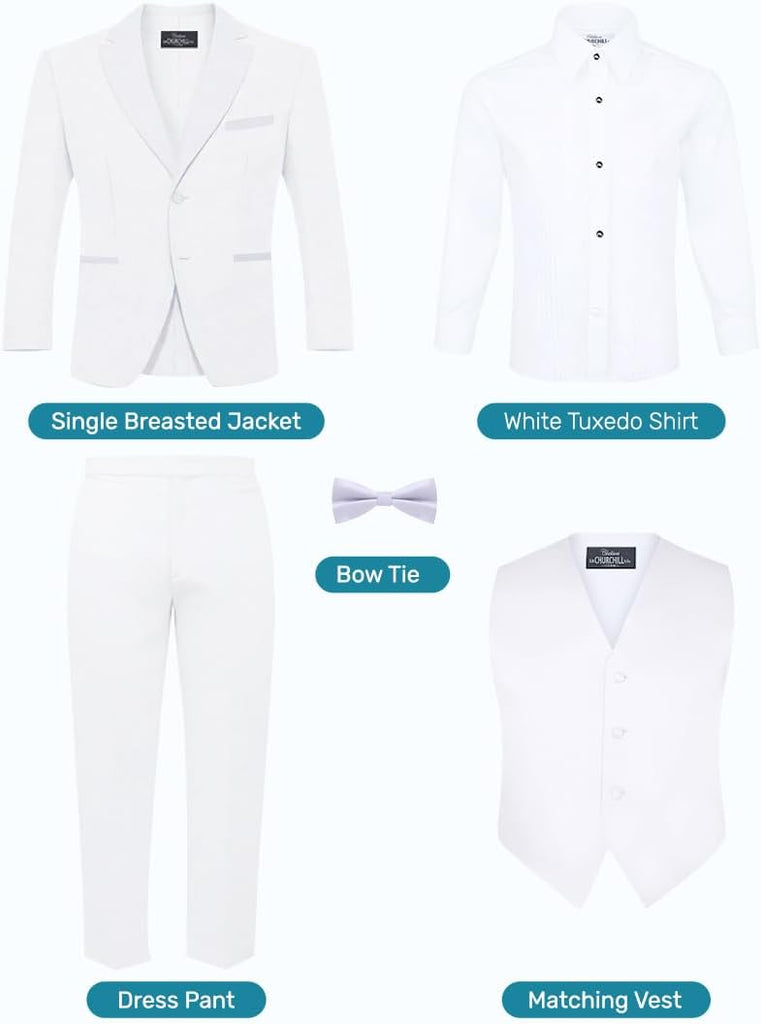 Boys 5 Piece Tuxedo Set with Jacket, Pants, Shirt, Vest & Bow Tie