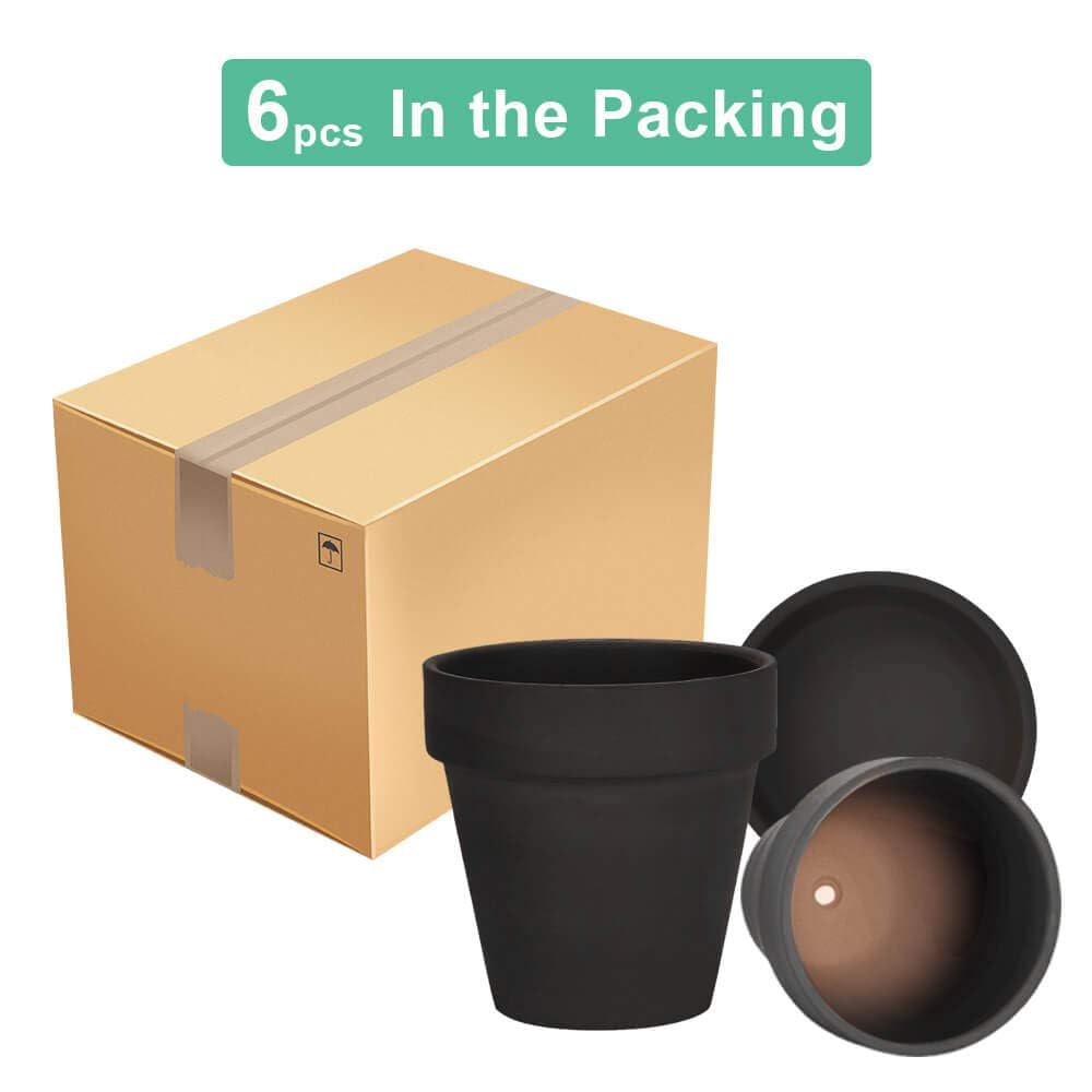 4 Inch Black Terracotta & Clay Pots with Saucer, 6 Pack