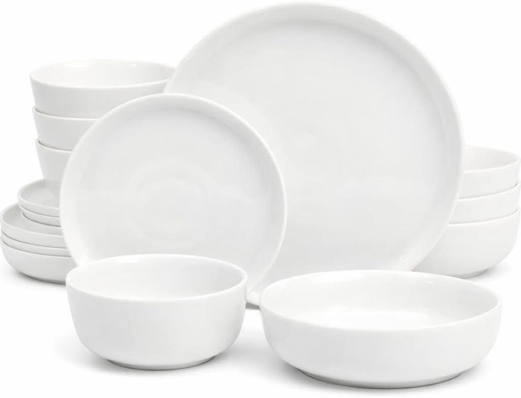Oslo Dinnerware Set for 4, 16-Piece White Porcelain Plates and Bowls - Ceramic Dish Set | Microwave & Dishwasher Safe