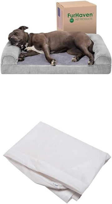 Dog Bed Sofa Faux Fur & Velvet Sofa - Smoke Gray, Large W/Same Size Waterproof Liner
