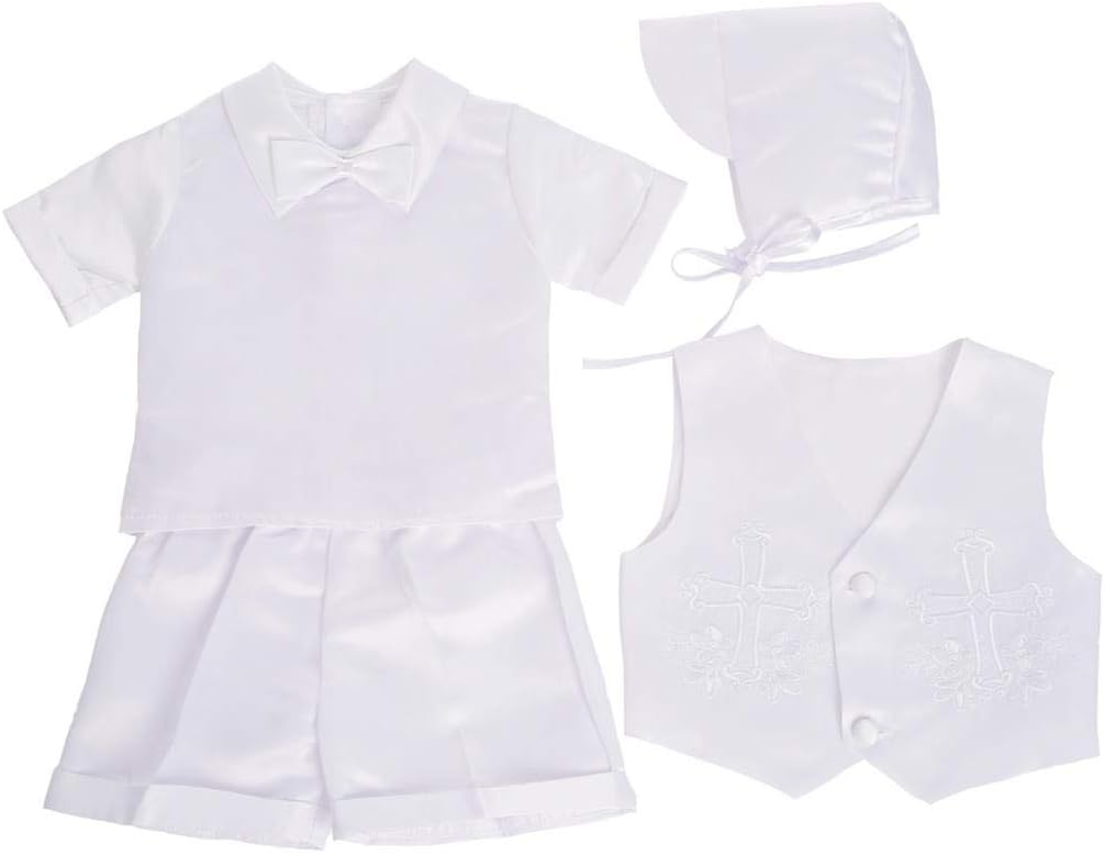 Baby Boys Christening Clothing Baptism Outfits with Bonnet Short Long Sleeve White Suit