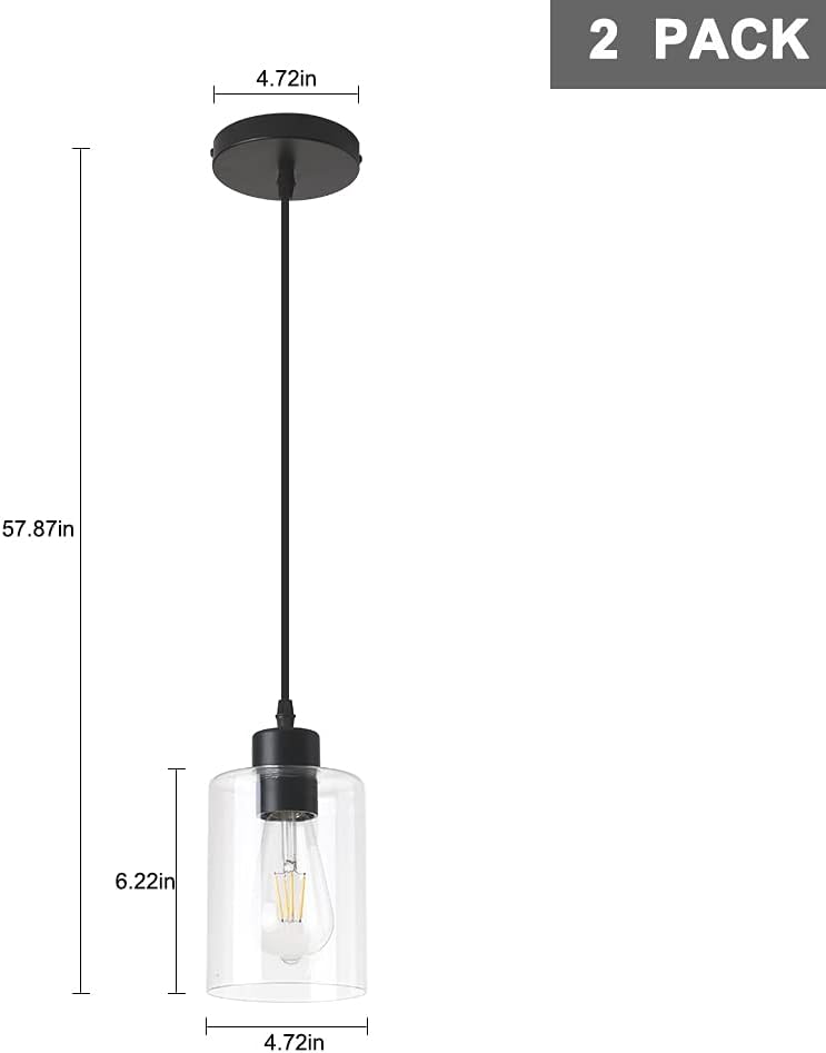 Modern Black Farmhouse Clear Glass Cylinder Pendant Light Fixture,Island Lights for Kitchen,Mini Pendant Lighting for