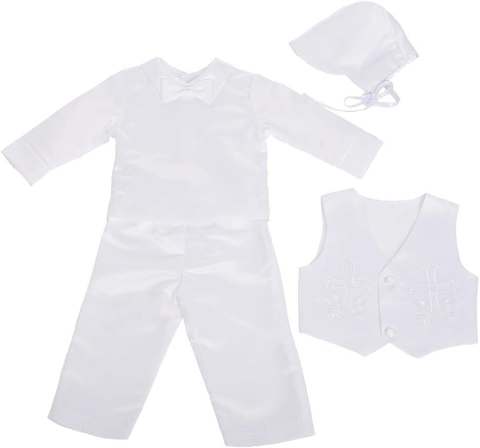 Baby Boys Christening Suit White Baptism Outfits with Bonnet