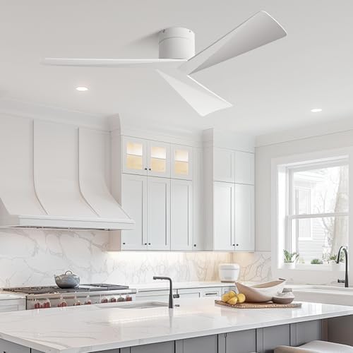 52" Low-Profile Modern Ceiling Fan with Remote – White Geometric Blades, 3-Blade, DC Motor, No Light