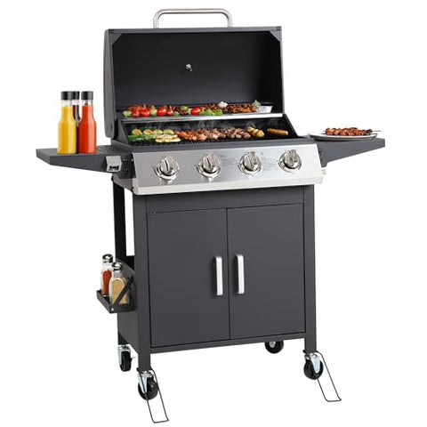 Propane Gas Grill with Wheels, Stainless Steel BBQ Grill for Patio and Backyard Cooking