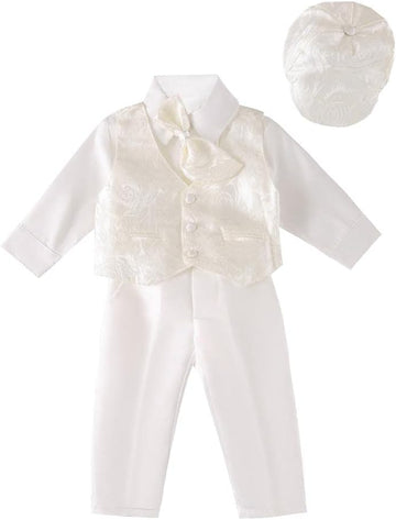 Infant Baby Boy Christening Baptism Outfit White Suit 5 Pieces Clothing Set with Bonnet Hat to