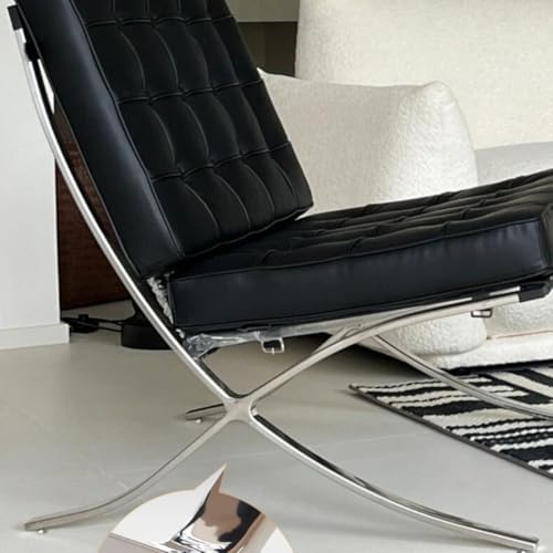 Inspired Barcelona Style Leather Lounge Chair and Ottoman — Black Oiled Leather, Compact Seat (23.5″L)