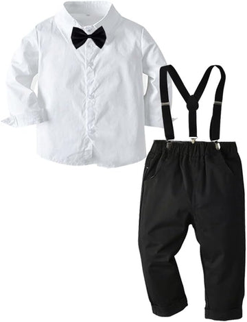 Toddler Boys Gentleman Outfits Suits, Baby Long Sleeve Shirt Party Clothes Set+ Suspender Pants +Bow Tie
