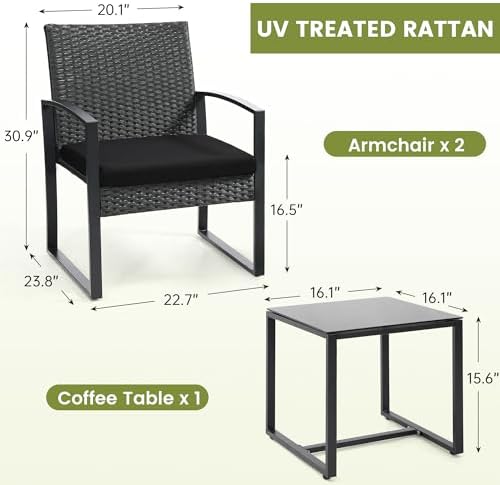 3-Piece Wicker Outdoor Patio Furniture Set - Bistro | Black for Patio, Garden & Porch