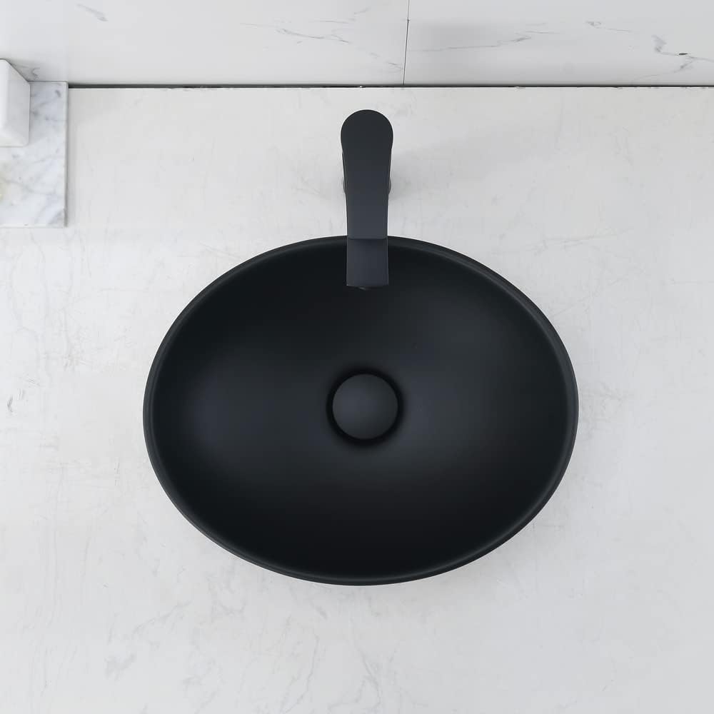 Oval Black Vessel Sink with Faucet and Drain Combo -Bokaiya 16x13 Ceramic Bathroom Sink Above Counter Vessel Oval
