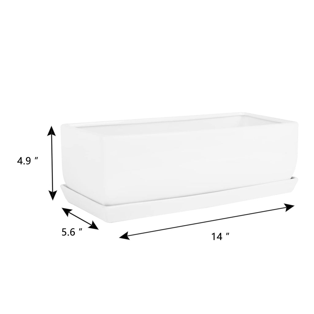 14 Inch Rectangular Modern Minimalist Ceramic Succulent Planter Pot - Window Box with Saucer, Office Desktop Potted