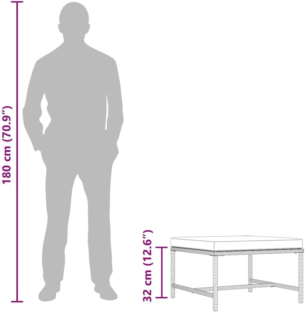 Sectional Patio Footrest with Cushion Gray, PE Rattan Ottoman with Powder-Coated Steel Frame, Outdoor Footstool for