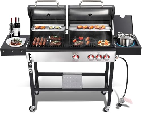 3-in-1 Propane and Charcoal Grill Combo with Side Burner, Griddle and Pot, Cast Iron Grates, 673 Sq. In. Cooking Area