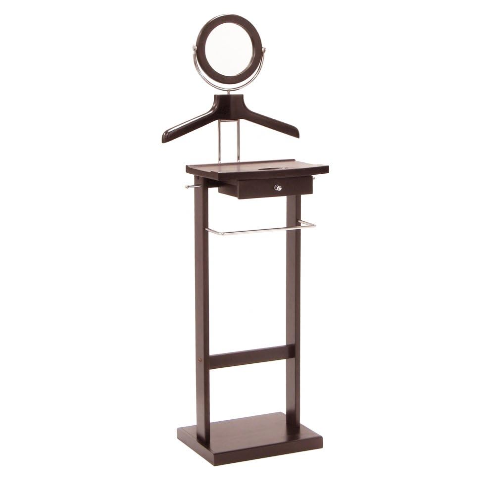 Solid Wood Clothes Valet Stand in Dark Espresso with Round Mirror, Drawer, Tray, Pants and Tie Hangers, and Shoe