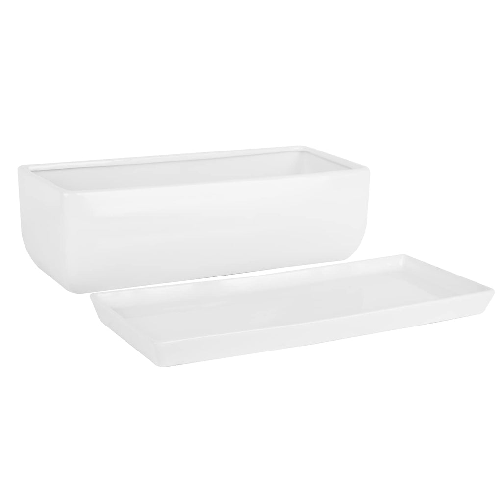 14 Inch Rectangular Modern Minimalist Ceramic Succulent Planter Pot - Window Box with Saucer, Office Desktop Potted