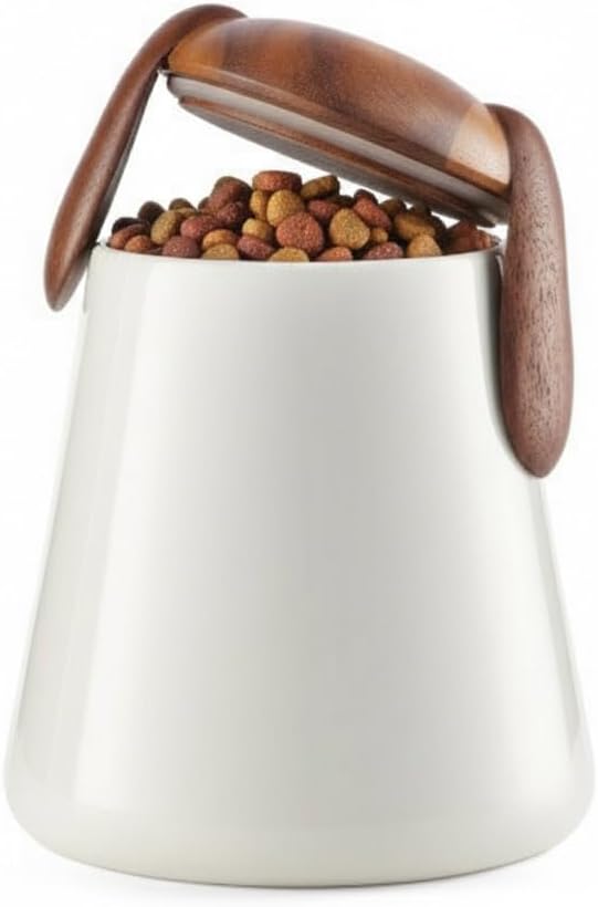 Dog Treat Jar | Pet Food Storage Container | Puppy Ears Design | Made of Porcelain with Acacia Wood Lid | Measures