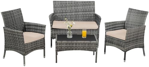 4-Piece Wicker Outdoor Patio Furniture Set | Gray for Patio, Garden & Porch
