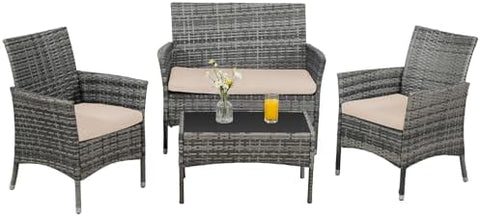4-Piece Wicker Outdoor Patio Furniture Set | Gray for Patio, Garden & Porch