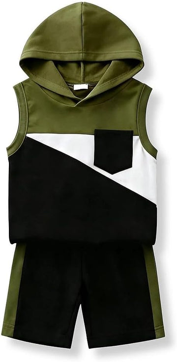 Toddler Boy's 2 Piece Outfits Color Block Sleeveless Hoodie Tank Tops & Shorts Set Boys Summer Clothes