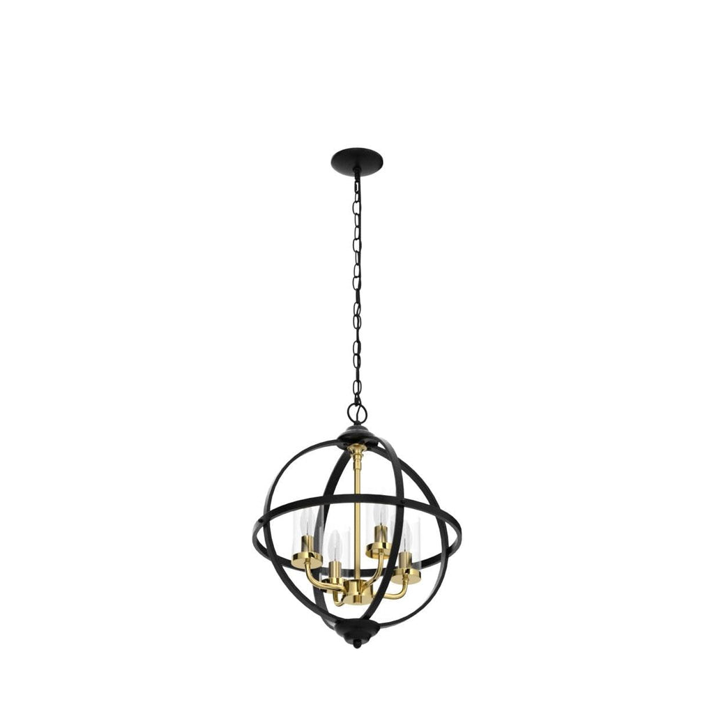 Rustic Chandelier, 17" Black and Gold Finish Glass Cover Luxurious Hanging Light, 4-Light Globe Vintage Pendant
